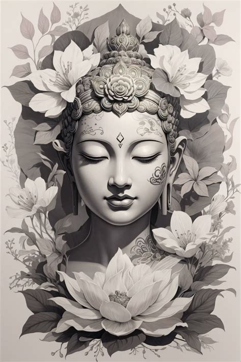 A Black And White Drawing Of A Buddha With Flowers Around Her Head In