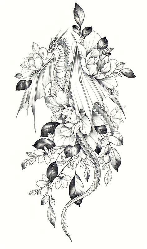 A Black And White Image Of A Dragon With Flowers On It Amp 39 S Back Side A Black And White Image Of A Dragon With Flowers On It Amp 39 S Back Side