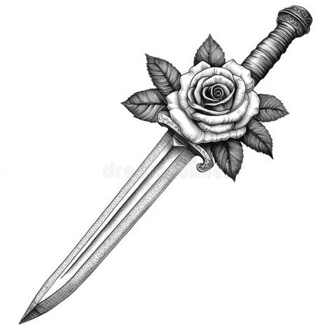A Classic Engraved Tattoo Featuring A Dagger Piercing A Fully Bloomed