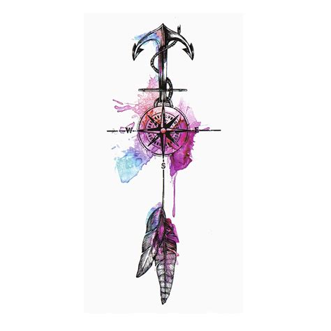 Amazon Com 1 X Colourful Anchor Tattoo Compass Feather Body Temporary Tattoo Xqb003 1 Beauty Personal Care