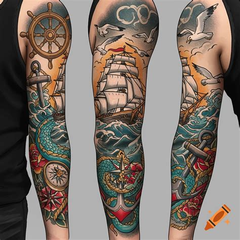 American Traditional Style Arm Sleeve Tattoo With A Ship Anchor Sea