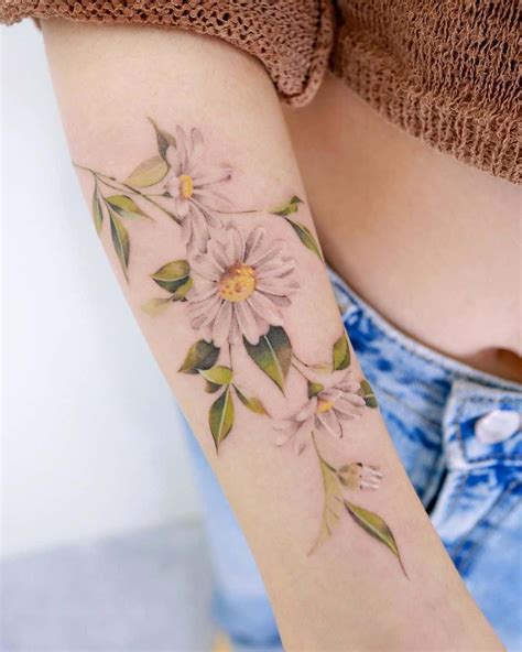 Beautiful Realistic Daisy Floral Flower Forearm Tattoo Ideas For Women