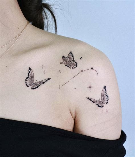 Butterflies And Aries Constellation Tattoo Located On Butterflies And Aries Constellation Tattoo Located On