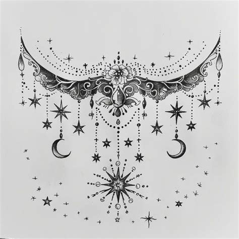 Celestial Lace Tattoo Sketch With Twinkling Stars And Crescent Moons