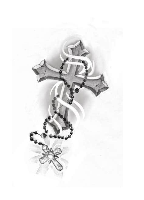 Cross Tattoo With Black Beads And Silver Ribbon