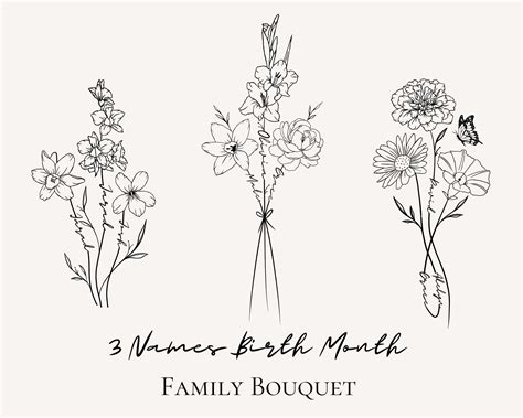 Custom Birth Flower Tattoo Design 3 Names Floral Bouquet Digital
