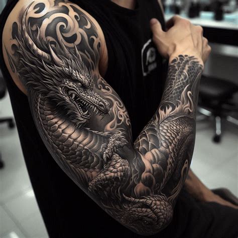 Dragon Sleeve Tattoo With Flowers