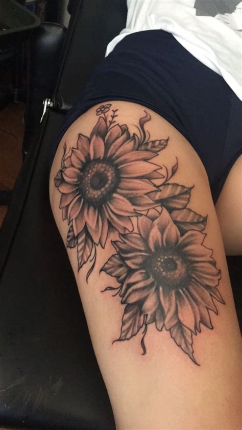 My Own Creation Of Sunflowers Thigh Tattoos Women Sunflower Tattoo