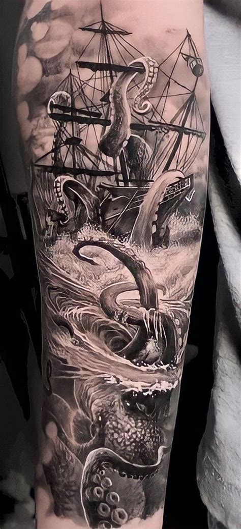 Octopus Ship Tattoo Sleeve Nautical Ocean Sea Octopus Anchor Ship Waves