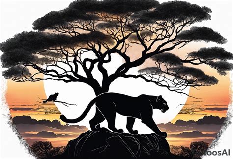 Panthers On A Single African Tree With The Sunsetting Behind It With Panthers On A Single African Tree With The Sunsetting Behind It With