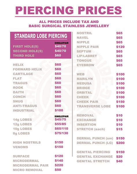 Piercing Prices Reds Tattoo Piercing Prices Reds Tattoo