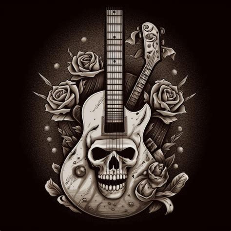 Premium Ai Image Skull And Guitar With Roses Tattoo Design On Black