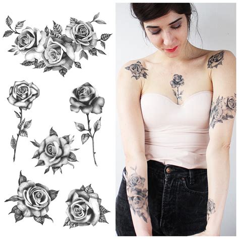 Roses Flower Set Set Of 6 Temporary Tattoo Realistic Roses Tattoo Roses Tattoo Flowers Tattoo Black Roses Temporary Tattoo Floral Etsy