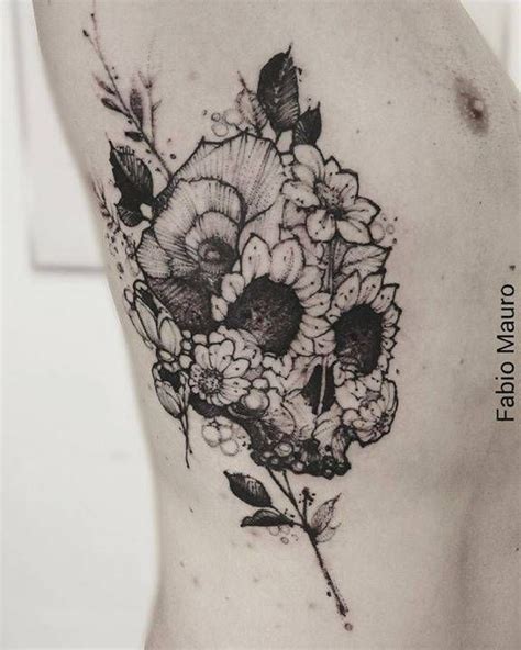 Sketch Work Floral Skull Tattoo On The Right Side