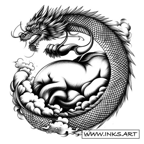 Tattoo Design Chinese Dragon And Ox Zodiac Style Black And Grey
