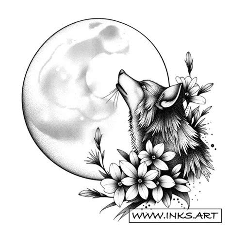Tattoo Design Coyote Howling At Flowered Moon Style Dotwork