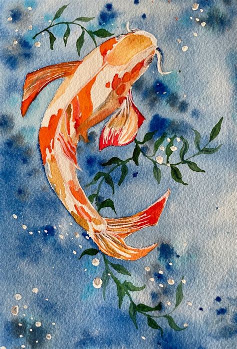 Watercolor Painting Of Koi Fish With Leaves Watercolor Painting Of Koi Fish With Leaves